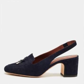 Pre Owned Loro Piana Navy Blue Suede Summer Charms Walk Slingback Sandals Size 35.5