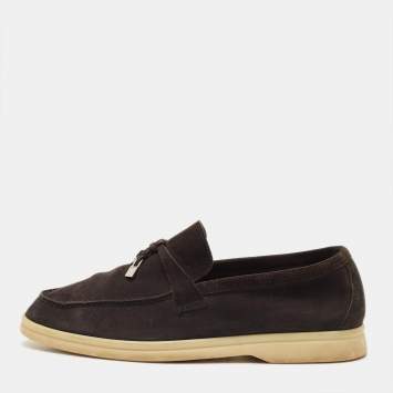 Pre Owned Loro Piana Summer Charms Walk Size 37 Black Nubuck Leather Slip On Loafers