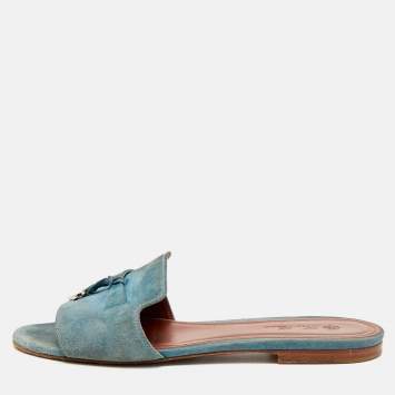 Pre Owned Loro Piana Summer Charms Size 38 Blue Suede Flat Slide