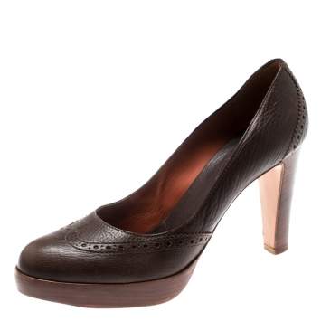Pre Owned Loro Piana Brown Brogue Leather Platform Pumps Size 38.5