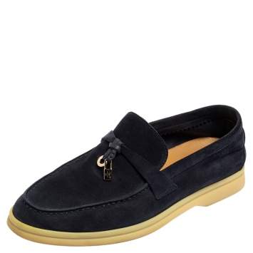 Pre Owned Loro Piana Navy Blue Suede Summer Charms Walk Loafers Size 35.5