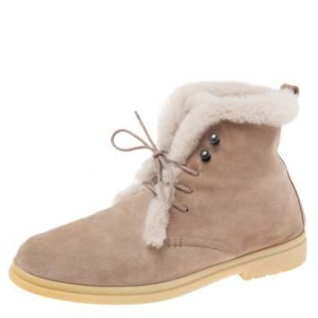 Pre Owned Loro Piana Beige Suede And Fur Open Walk Ankle Boots Size 37.5