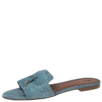 Pre Owned Loro Piana Blue Suede Summer Charm Flat Slides Size 40