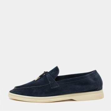 Pre Owned Loro Piana Navy Blue Suede Summer Charms Walk Slip On Loafers Size 38.5 