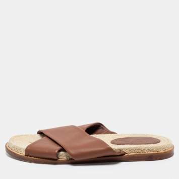 Pre Owned Loro Piana Brown Leather Crisscross Espadrille Sandals Size 38.5