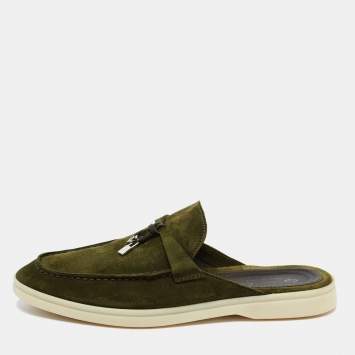 مملوكة مسبقًا Loro Piana Army Green Suede Babouche Charms Walk Flat Mules Size 36