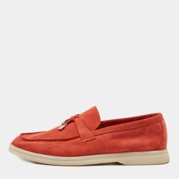 Pre Owned Loro Piana Coral Orange Suede Summer Charms Walk Loafers Size 37