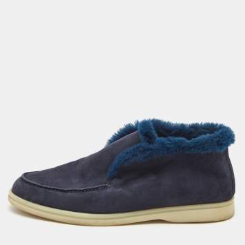 Pre Owned Loro Piana Navy Blue Suede and Fur Trim Open Walk Chukka Boots Size 38