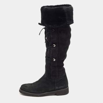 Pre Owned Loro Piana Black Suede and Fur Knee Length Flat Boots Size 40