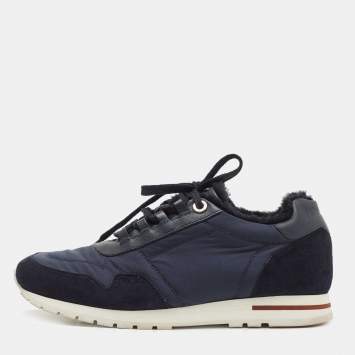 Pre Owned Loro Piana Navy Blue Suede and Neoprene Low Top Sneakers Size 38