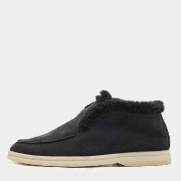 Pre Owned Loro Piana Navy Blue Suede and Fur Open Walk Chukka Boots Size 38