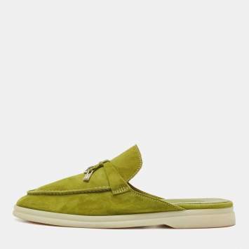 Pre Owned Loro Piana Green Suede Babouche Charms Walk Flat Mules Size 39