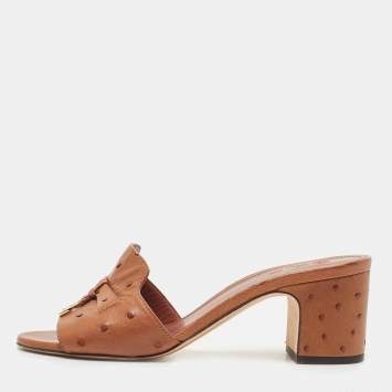 Pre Owned Loro Piana Brown Ostrich Summer Charms Slide Sandals Size 37.5