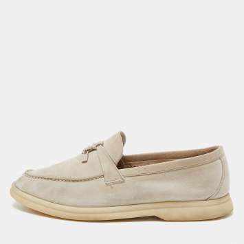 Pre Owned Loro Piana Beige Suede Summer Charms Walk Slip On Loafers Size 37.5