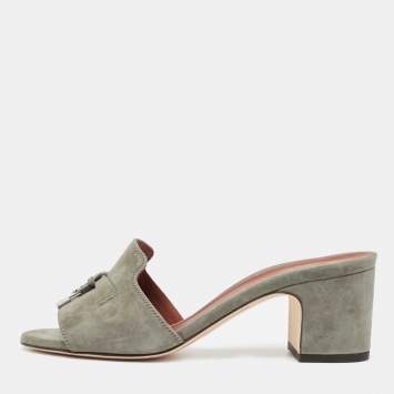 Pre Owned Loro Piana Grey Suede Summer Charms Block Heel Slide Sandals Size 36