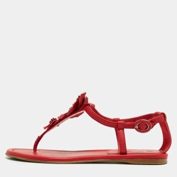 Pre Owned Loro Piana Red Leather Floral Applique Ankle Strap Flat Sandals Size 37