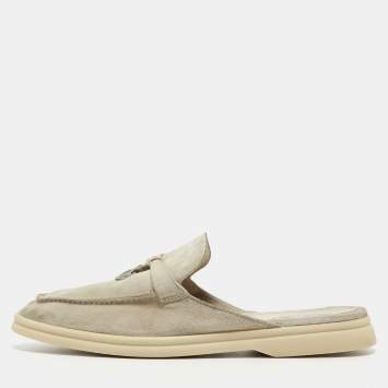 Pre Owned Loro Piana Grey Suede Babouche Charms Walk Mules Size 42