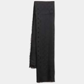 Pre Owned Louis Vuitton Black Silk Blend Classique Monogram Scarf 