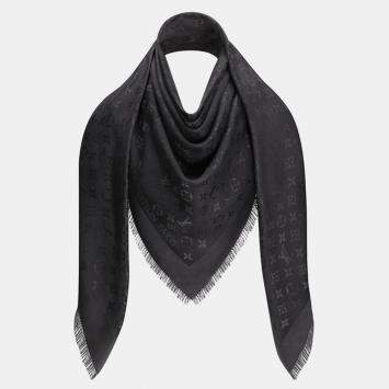 Pre Owned Louis Vuitton Charcoal Grey Monogram Silk and Wool Shawl