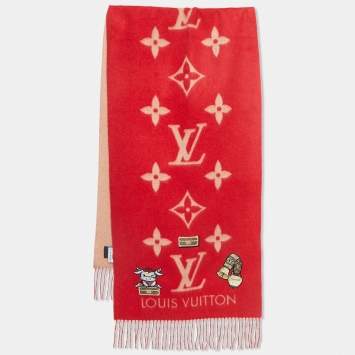 Pre Owned Louis Vuitton Red Monogram Cashmere Rodeo Reykjavik Scarf 
