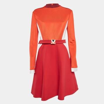 Pre Owned Louis Vuitton Orange Stretch Knit Belted Shirt Skirt L