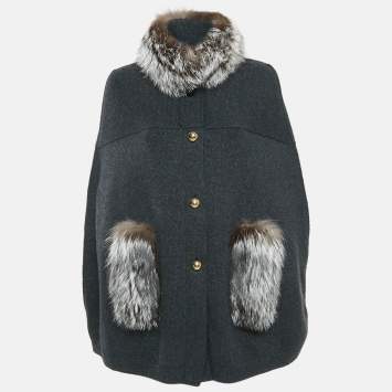 Pre Owned Louis Vuitton Charcoal Black Wool Blend Knit Trimmed Fur Poncho Cape L