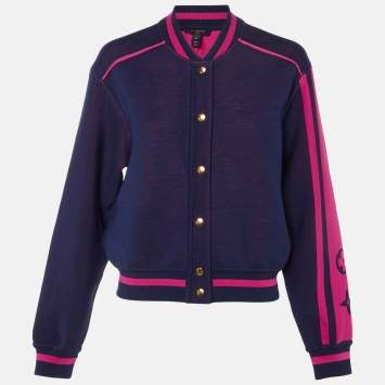 Pre Owned Louis Vuitton Navy Blue Monogram Silk & Wool Bomber Jacket XS