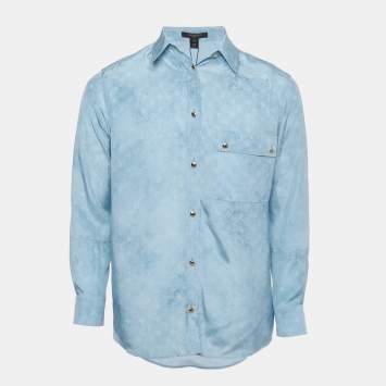 مملوكة مسبقًا قميص حرير طويل الأكمام لويس فيتون منقوش أزرق مقاس صغير - سمول