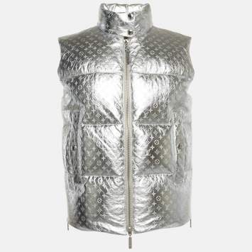 Pre Owned Louis Vuitton Silver Coated Monogram Leather Down Gilet S