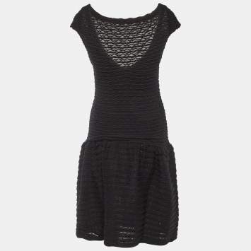 Pre Owned Louis Vuitton Black Wavy Textured Knit Knee Length Dress L