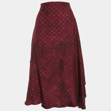 Pre Owned Louis Vuitton Burgundy Monogram Flounce Hem Midi Skirt L