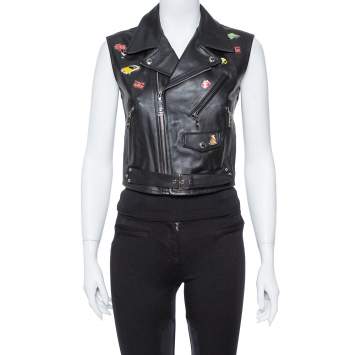 Pre Owned Louis Vuitton Black Leather Badge Embellished Sleeveless Biker Jacket S