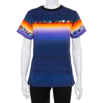 Pre Owned Louis Vuitton Navy Blue Cotton Prism Print Logo Applique Detail Crewneck T-Shirt M
