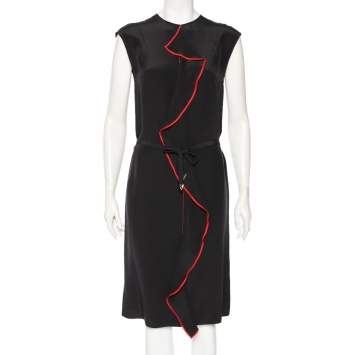 Pre Owned Louis Vuitton Black Silk Contrast Trim Detail Belted Midi Dress M