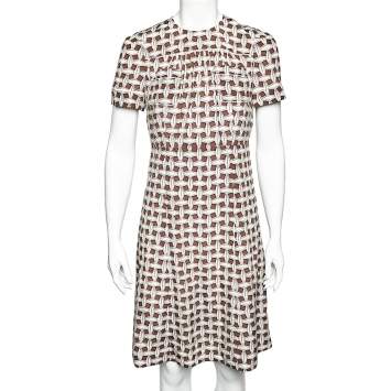 Pre Owned Louis Vuitton Brown & Beige Printed Silk Pocket Detail Midi Dress M