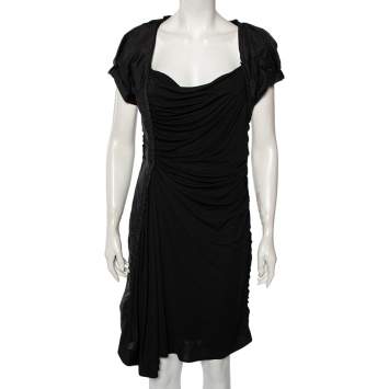 Pre Owned Louis Vuitton Black Jersey Ruffle Trim Ruched Dress L