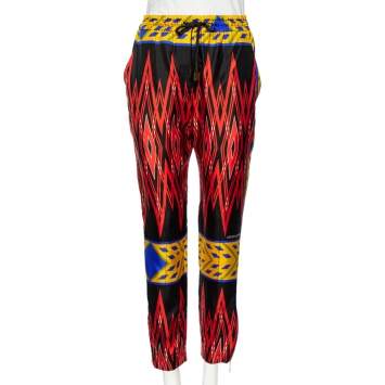Pre Owned Louis Vuitton Red Printed Silk Drawstring Waist Detailed Pants M