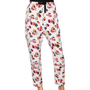 Pre Owned Louis Vuitton White Floral Printed Gabardine Elasticized Waist Detailed Pants S