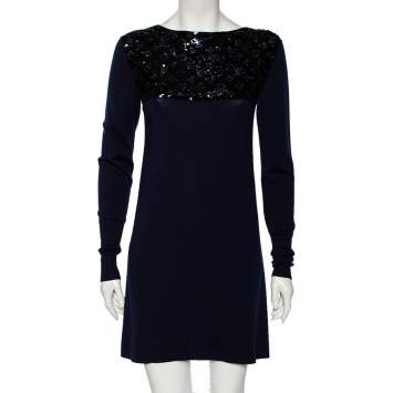 Pre Owned Louis Vuitton Navy Blue Wool & Sequin Embellished Monogram Detailed Dress XS