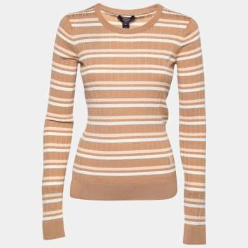 Pre Owned Louis Vuitton Beige Striped Wool Long Sleeve Round Neck Jumper M