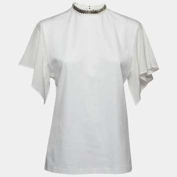 مملوكة مسبقًا Louis Vuitton White Cotton Embellished Mock Neck Blouse M
