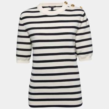 Pre Owned Louis Vuitton Off White Striped Wool Short Sleeve Sweater L