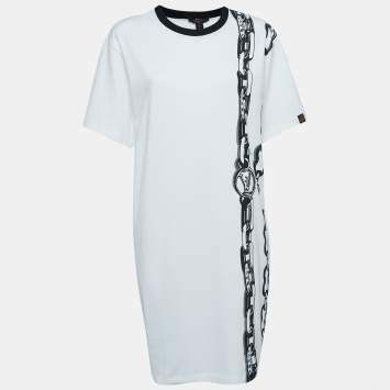 Pre Owned Louis Vuitton White Chain Print Cotton Mini T-Shirt Dress XL