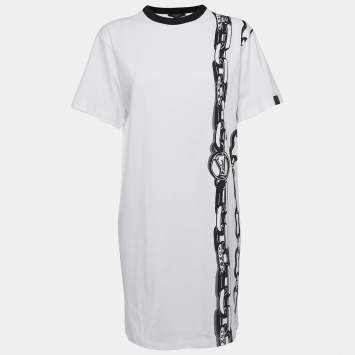 Pre Owned Louis Vuitton White Chain Print Cotton Mini T-Shirt Dress S