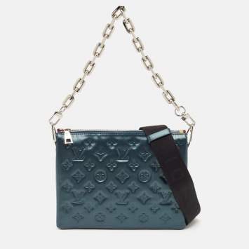 Pre Owned Louis Vuitton Metallic Teal Blue Monogram Embossed Leather Coussin PM Bag
