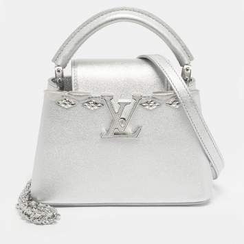 Pre Owned Louis Vuitton Silver Leather Crystal Embellished Capucines Mini Bag