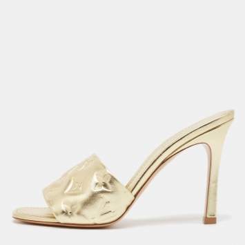 Pre Owned Louis Vuitton Gold Monogram Embossed Leather Revival Slide Sandals Size 38