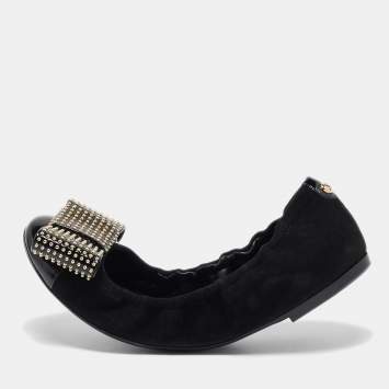 Pre Owned Louis Vuitton Black Suede Embellished Ballet Flats Size 37.5