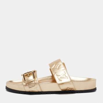 Pre Owned Louis Vuitton Gold Leather Bom Dia Comfort Flat Sandals Size 37.5