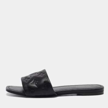 Pre Owned Louis Vuitton Black Monogram Embossed Leather Revival Flat Slides Size 38